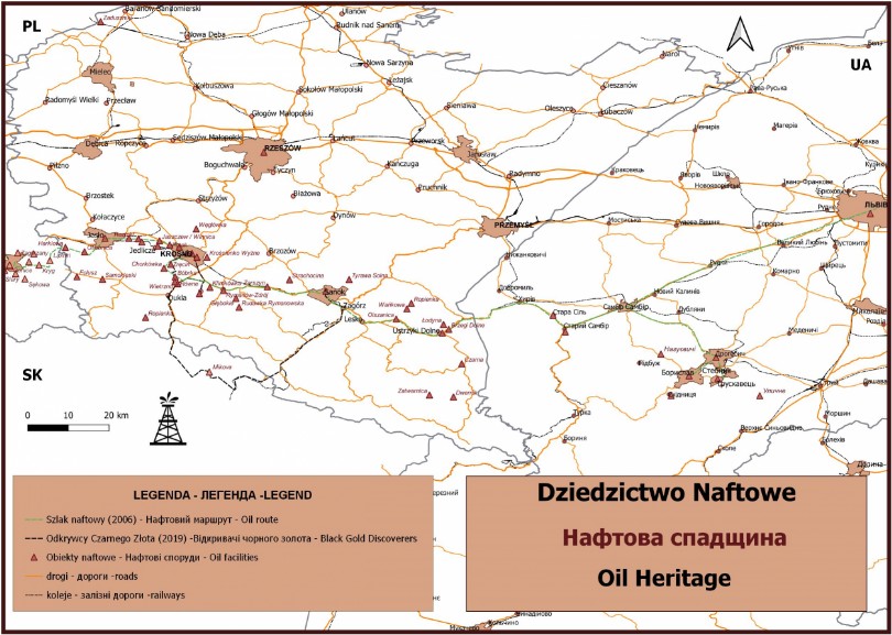 Mapa miejsc dziedzictwa naftowego.